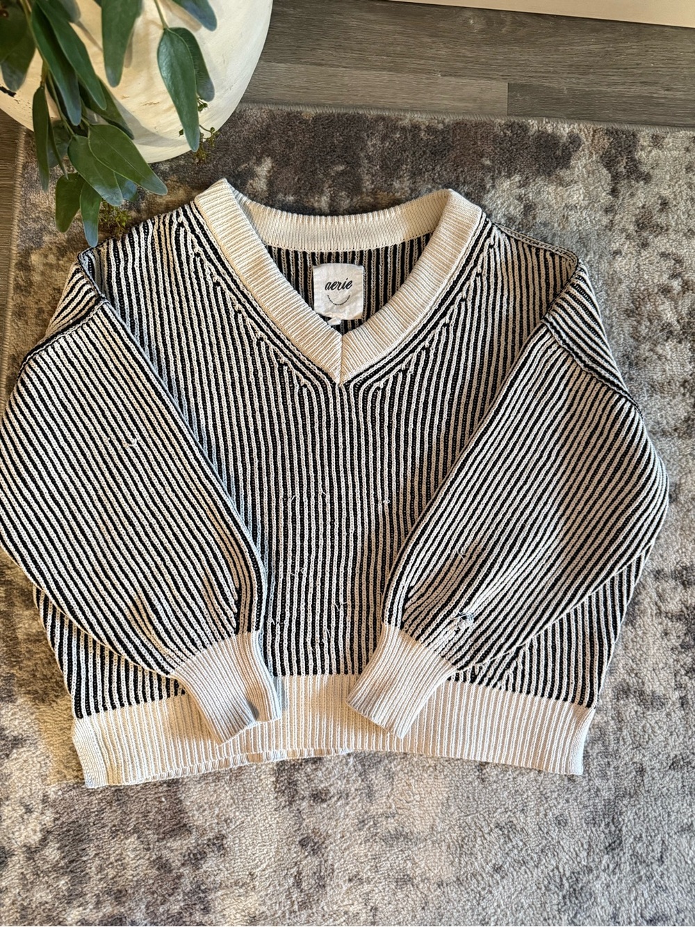 Aerie Black & Cream Striped V-Neck Sweater
